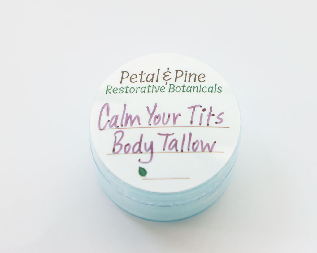Sample size of calm your tits body tallow container with 'Petal & Pine' branding on a white background