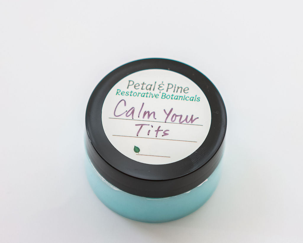 Jar with a label reading 'Calm Your Tits' by Petal & Pine on a white background