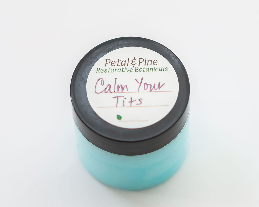 Jar of 'Calm Your Tits' product by Petal & Pine on a white background